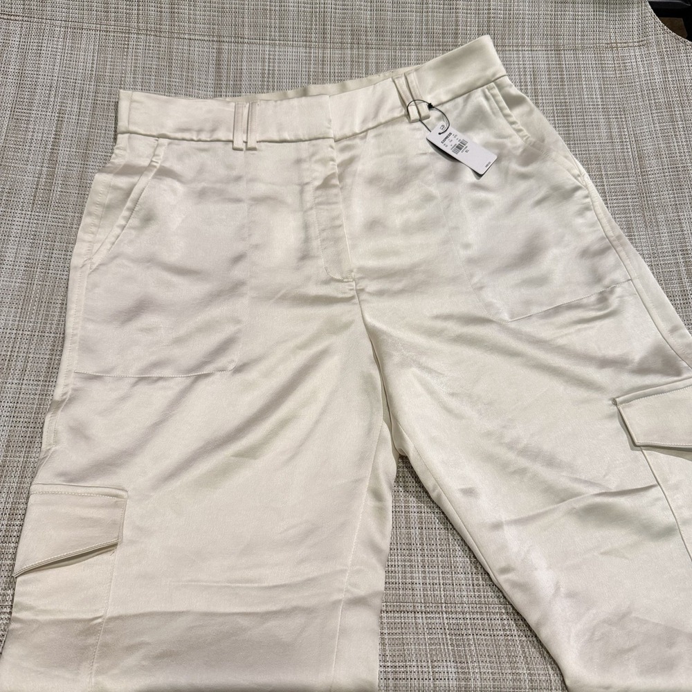EXPRESS Cream Satin Cargo Pant US 12 Long Bucket Modern Chic Career Capsule NEW